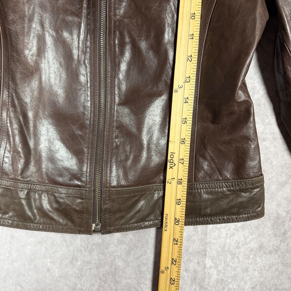 VTG Y2k 2002 Mossimo Womens Small Brown Faux Leather Cropped Moto Trucker Jacket - Picture 9 of 11